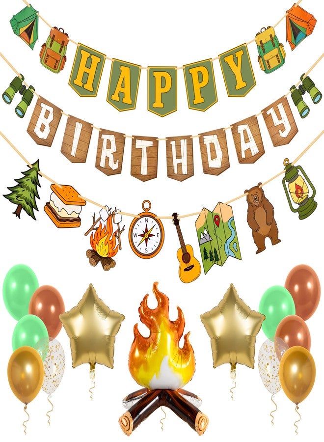 Pirese One Happy Camper Birthday Decorations, Camping Birthday Party Decorations, Campfire Camping Banner Party Kit with Balloons - Image 1