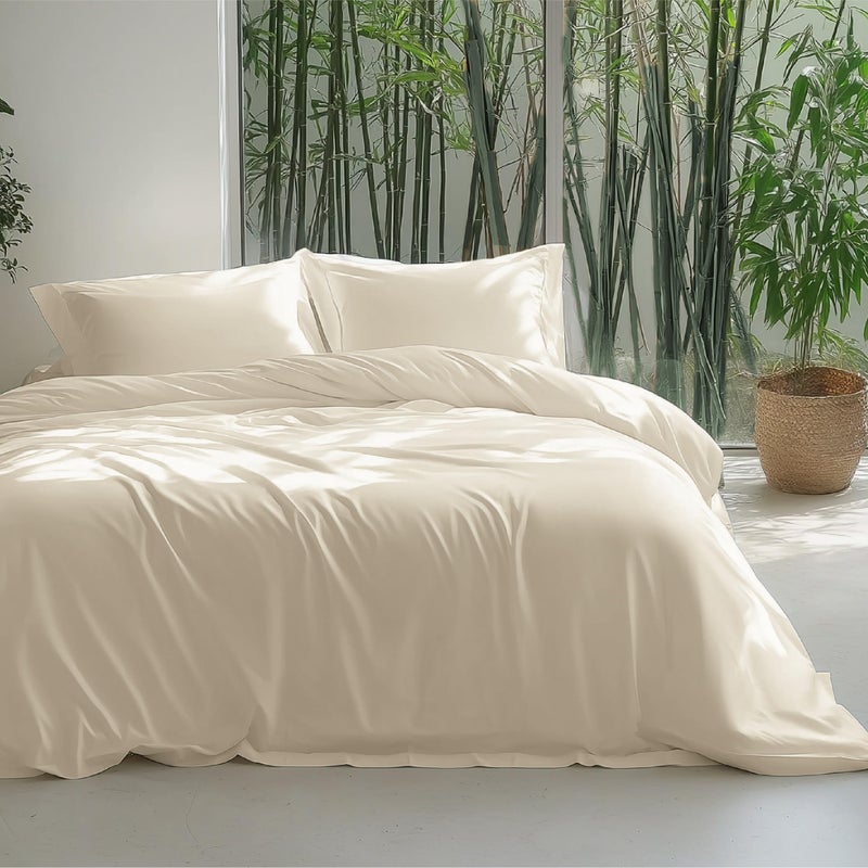 Bedsure 100% Rayon Derived from Bamboo Duvet Cover Queen Size - Lightweight Silky Cooling Comforter Cover Set for Hot Sleepers, Breathable & Moisture-Wicking Bedding Set, Light Beige - Image 1