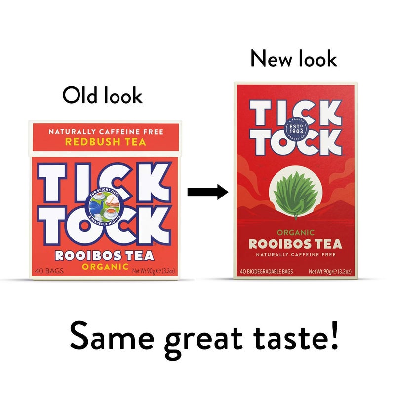 TICK TOCK TEAS Organic Rooibos Tea Bags - Naturally Caffeine Free Red Bush Herbal Tea from South Africa | Smooth & Rich Flavor, Low Tannin, Enjoy Hot or Iced with Milk, Lemon, or Honey - 40 Count (4 Pack) - Image 2