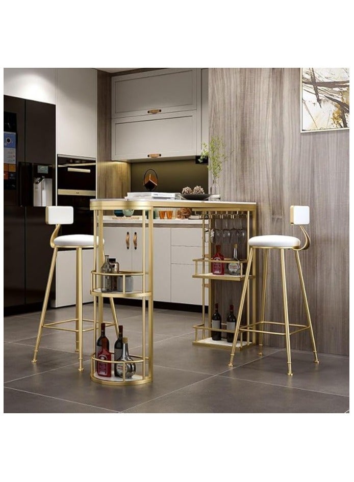 AWD Modern Bar Table Set with Two Chairs, 120cm White Slate Marble Top, Gold Metal Frame, Wine Rack and Glass Holders For Home Kitchen Dining Room.  - Image 1