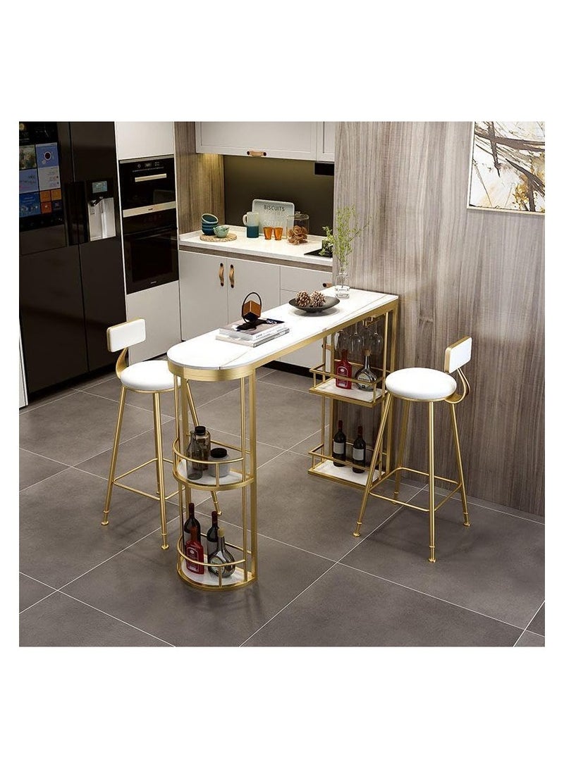 AWD Modern Bar Table Set with Two Chairs, 120cm White Slate Marble Top, Gold Metal Frame, Wine Rack and Glass Holders For Home Kitchen Dining Room.  - Image 2