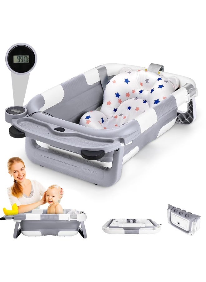 بيت الشاي حوض استحمام للأطفال حديثي الولادة مع مقياس حرارة ووسادة عائمة ناعمة، حوض استحمام محمول للسفر مع فتحة تصريف، أحواض استحمام متينة قابلة للطي للأطفال الرضع والأطفال الصغار - Image 1