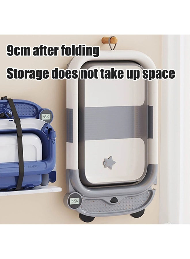 بيت الشاي حوض استحمام للأطفال حديثي الولادة مع مقياس حرارة ووسادة عائمة ناعمة، حوض استحمام محمول للسفر مع فتحة تصريف، أحواض استحمام متينة قابلة للطي للأطفال الرضع والأطفال الصغار - Image 4