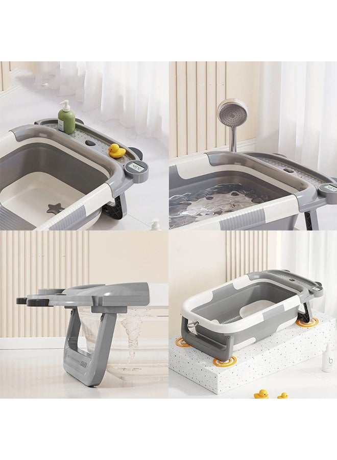 بيت الشاي حوض استحمام للأطفال حديثي الولادة مع مقياس حرارة ووسادة عائمة ناعمة، حوض استحمام محمول للسفر مع فتحة تصريف، أحواض استحمام متينة قابلة للطي للأطفال الرضع والأطفال الصغار - Image 3