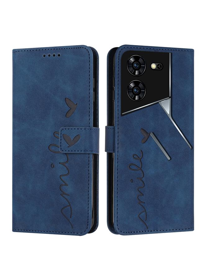 جرين تايجر جراب هاتف جلدي منقوش على شكل قلب لهاتف Tecno Pova 5 Pro مع حبل طويل (أزرق)