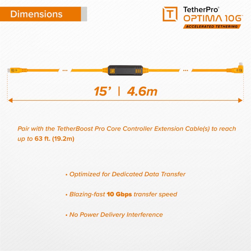 TETHER TOOLS TetherPro Optima 10Gbps Gen 2 USB-C, 15' (4.6m), Straight to Right, High-Visibility Orange - Image 4