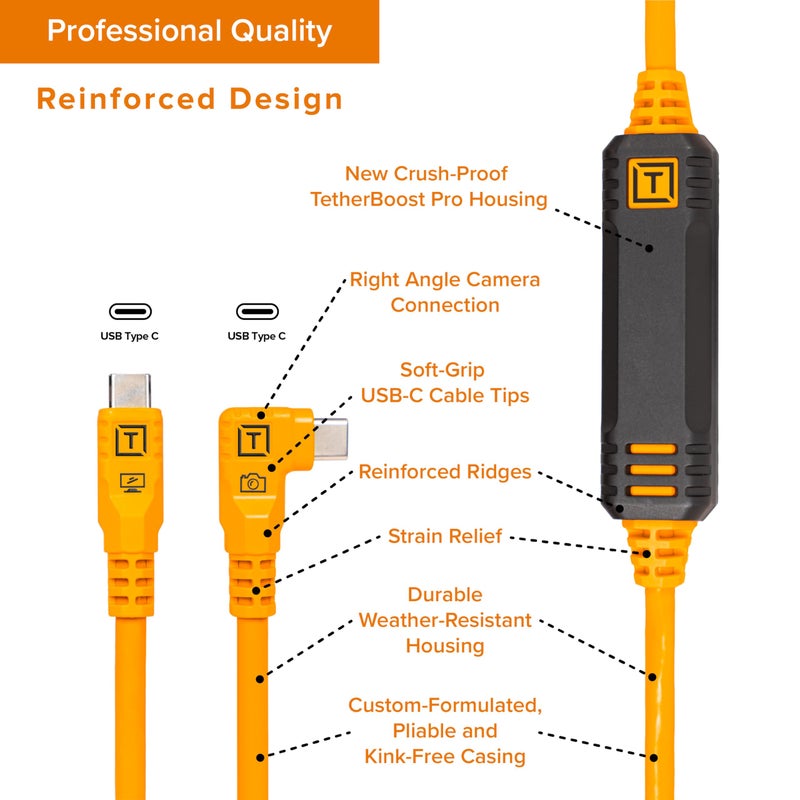 TETHER TOOLS TetherPro Optima 10Gbps Gen 2 USB-C, 15' (4.6m), Straight to Right, High-Visibility Orange - Image 3