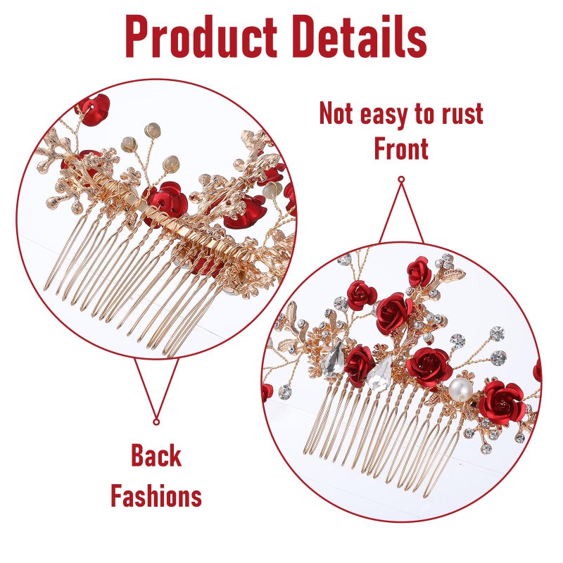 MBAIYO Red Flower Hair Comb, Gold Rose Crystal Bridal Hair Side Comb Vintage Floral Rhinestone Rose Side Comb Crystal Emerald Headpiece Wedding Sparkly Hair Accessory for Women - Image 2