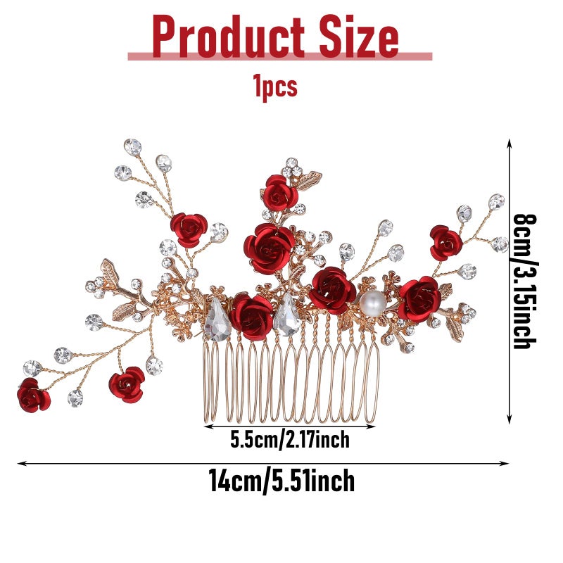 MBAIYO Red Flower Hair Comb, Gold Rose Crystal Bridal Hair Side Comb Vintage Floral Rhinestone Rose Side Comb Crystal Emerald Headpiece Wedding Sparkly Hair Accessory for Women - Image 3