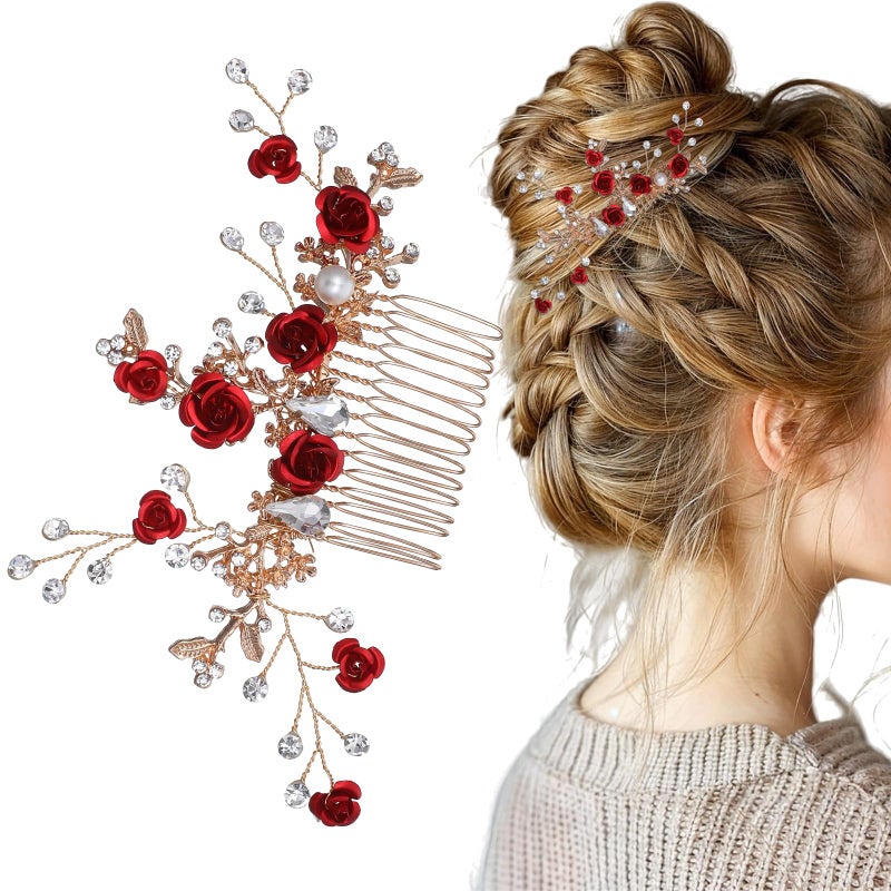 MBAIYO Red Flower Hair Comb, Gold Rose Crystal Bridal Hair Side Comb Vintage Floral Rhinestone Rose Side Comb Crystal Emerald Headpiece Wedding Sparkly Hair Accessory for Women - Image 1