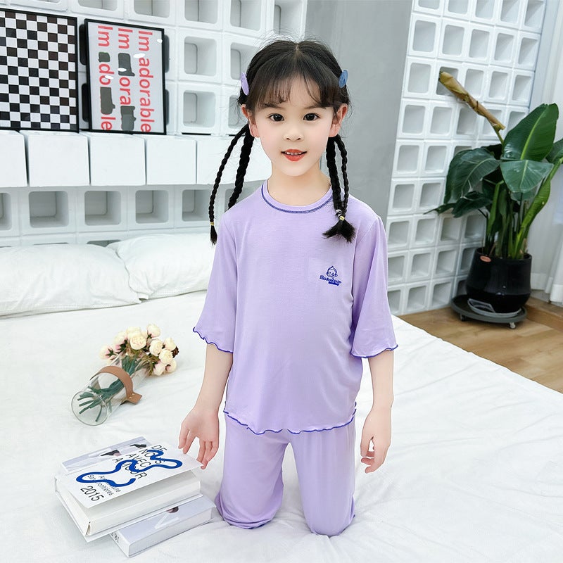 Girls Modal Pajamas Summer Thin Girls Seven-point Sleeve Childrens Ice Silk Home Clothes Big Childrens Air-conditioning Clothes suit Sail-ear side suit) light purple 