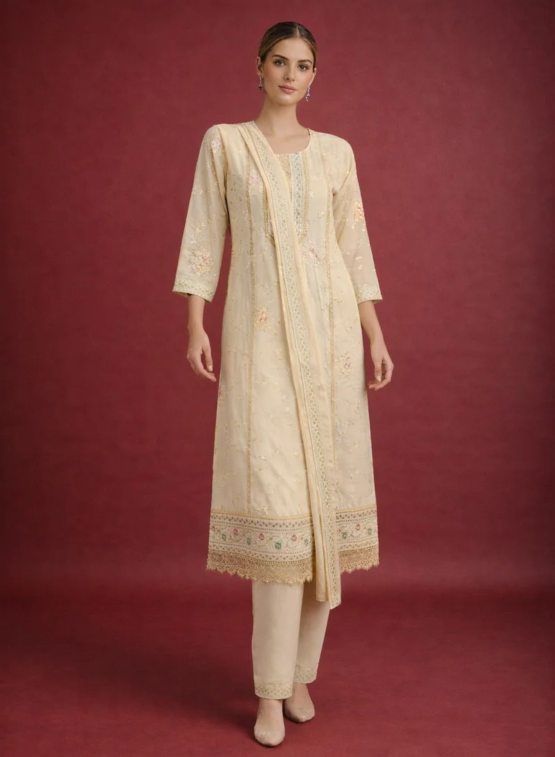 Lehar Champagne Floral Embroidered Chiffon 3-Piece Suite