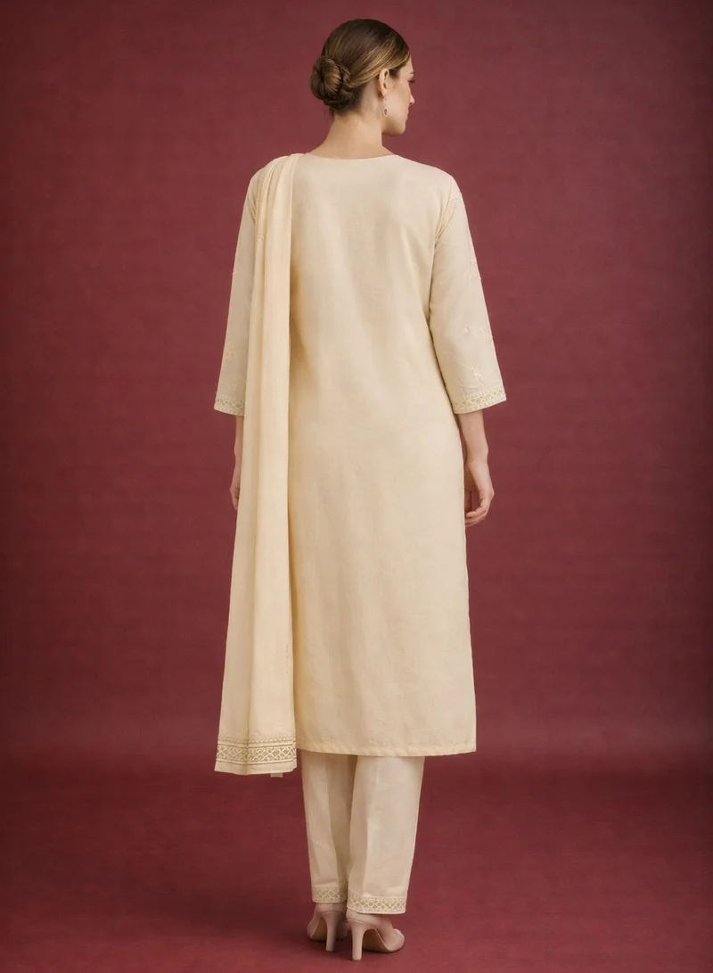 Lehar Champagne Floral Embroidered Chiffon 3-Piece Suite