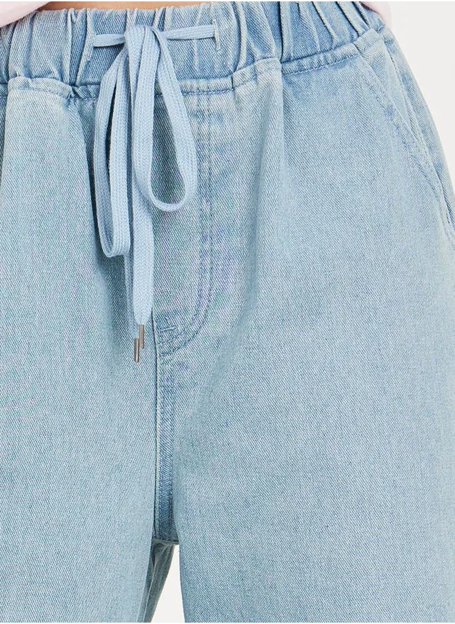 Styli Wide Leg Drawstring Jeans with Pockets