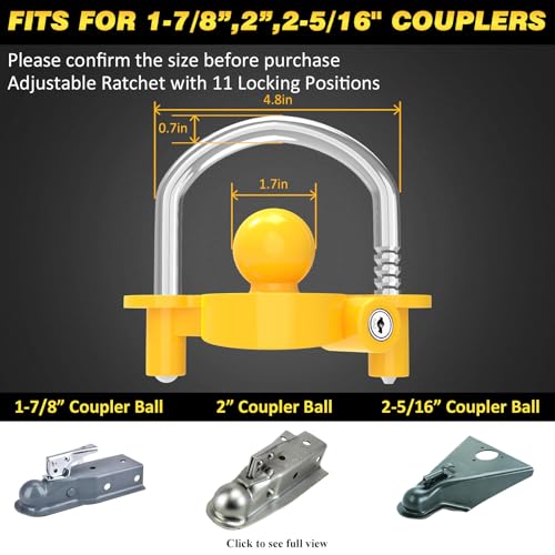 Funmit Trailer Lock Universal Coupler Ball Lock Fits 1-7/8", 2", and 2-5/16" Couplers, Boat Camper Accessories for Travel Trailers Adjustable Heavy-Duty Steel Hitch Lock Yellow - Image 2