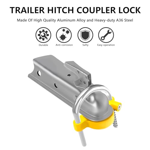 Funmit Trailer Lock Universal Coupler Ball Lock Fits 1-7/8", 2", and 2-5/16" Couplers, Boat Camper Accessories for Travel Trailers Adjustable Heavy-Duty Steel Hitch Lock Yellow - Image 5
