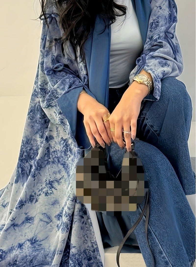 عباية أنيقة بشيفون مطبوع مفتوحة بأكمام طويلة مع حجاب متناسق – موضة عصرية للمرأة في الشرق الأوسط - Image 1