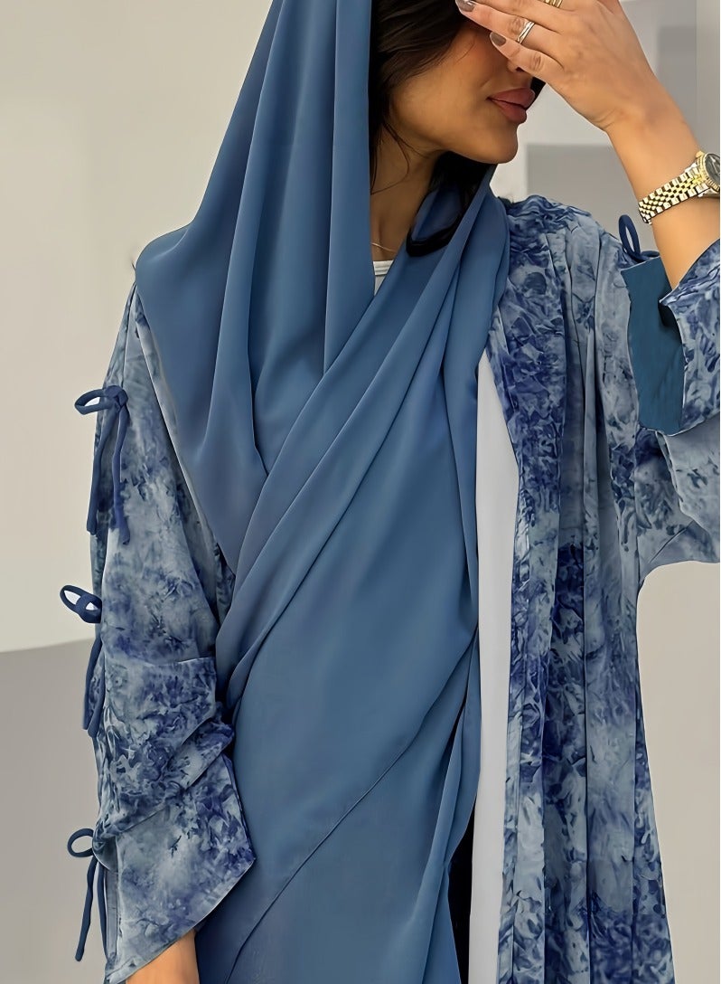 عباية أنيقة بشيفون مطبوع مفتوحة بأكمام طويلة مع حجاب متناسق – موضة عصرية للمرأة في الشرق الأوسط - Image 2