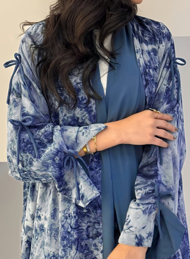 عباية أنيقة بشيفون مطبوع مفتوحة بأكمام طويلة مع حجاب متناسق – موضة عصرية للمرأة في الشرق الأوسط - Image 3