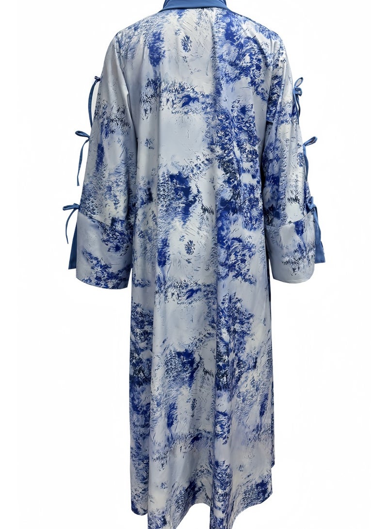 عباية أنيقة بشيفون مطبوع مفتوحة بأكمام طويلة مع حجاب متناسق – موضة عصرية للمرأة في الشرق الأوسط - Image 4