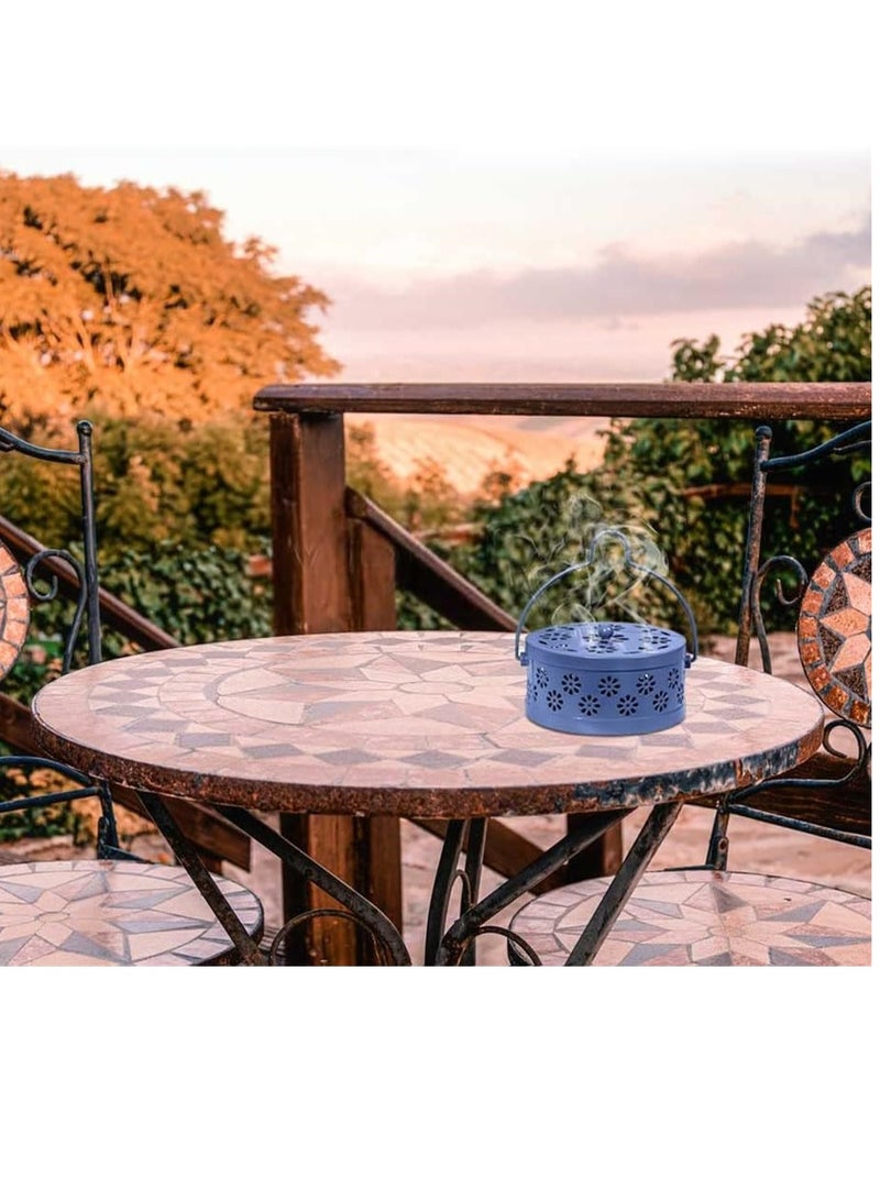 حامل لفائف البعوض المحمول - صندوق تبخير على شكل زهر البرقوق العتيق، موقد خشب الصندل ومعدن مع مقبض للاستخدام داخل المنزل وخارجه، أزرق - Image 2