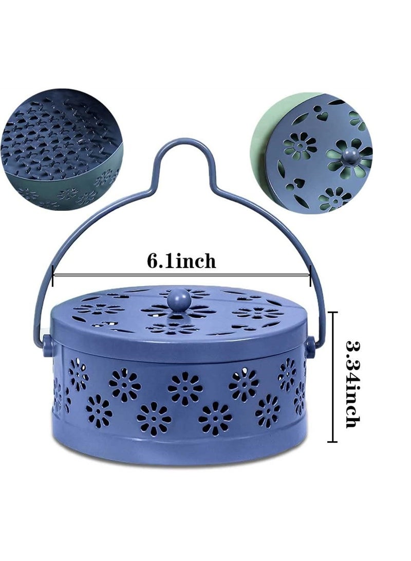 حامل لفائف البعوض المحمول - صندوق تبخير على شكل زهر البرقوق العتيق، موقد خشب الصندل ومعدن مع مقبض للاستخدام داخل المنزل وخارجه، أزرق - Image 4