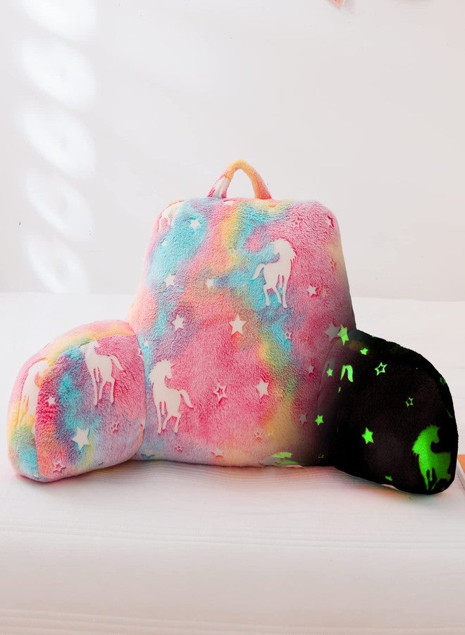 Aimuan Reading Pillow Glow in The Dark Bed Rest Wedge Kids Glow Backrest Pillow Unicorn Print with Arms Back Support for Sitting Up in Bed Cushion, Rainbow - Image 1