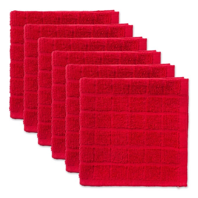 BASIC TERRY COLLECTION SOLID WINDOWPANE DISHCLOTH SET 12X12 RED 6 PIECE