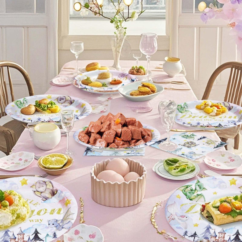 Grencian 96Pcs Dragon Baby Shower Decorations Watercolor Dragons Plates and Napkins Disposable A Little Dragon On The Way Paper Tableware for Boys Girls Baby Shower Party Supplies, Serves 24 - Image 5