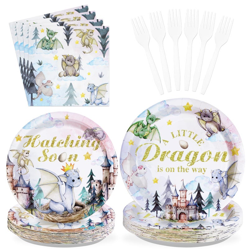 Grencian 96Pcs Dragon Baby Shower Decorations Watercolor Dragons Plates and Napkins Disposable A Little Dragon On The Way Paper Tableware for Boys Girls Baby Shower Party Supplies, Serves 24 - Image 1