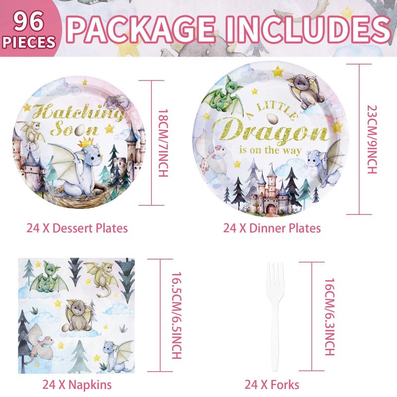 Grencian 96Pcs Dragon Baby Shower Decorations Watercolor Dragons Plates and Napkins Disposable A Little Dragon On The Way Paper Tableware for Boys Girls Baby Shower Party Supplies, Serves 24 - Image 2