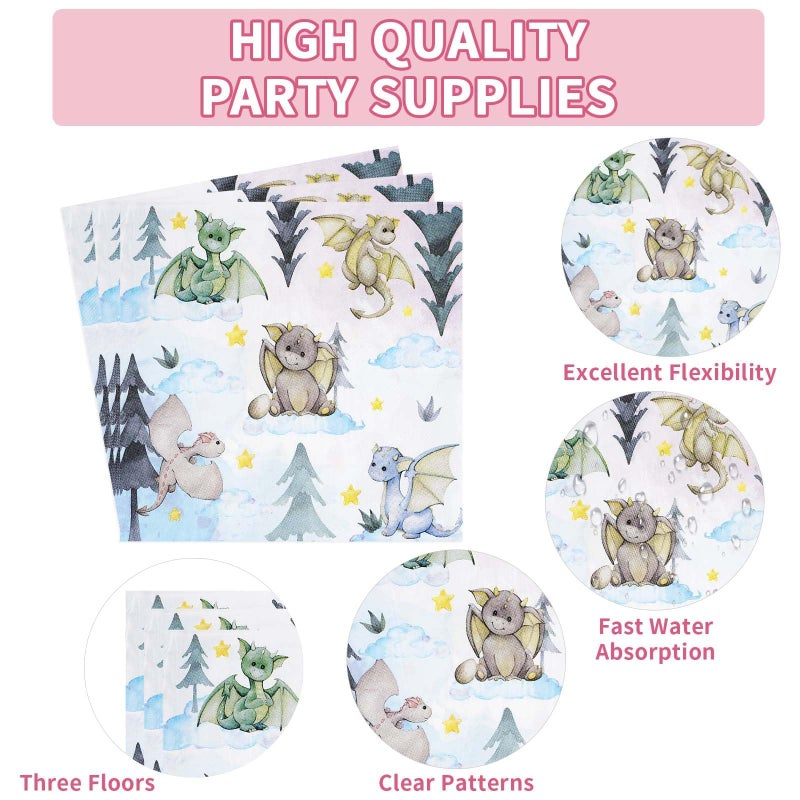 Grencian 96Pcs Dragon Baby Shower Decorations Watercolor Dragons Plates and Napkins Disposable A Little Dragon On The Way Paper Tableware for Boys Girls Baby Shower Party Supplies, Serves 24 - Image 3