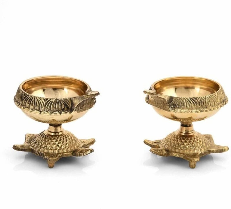 SOLINO Brass Kuber Diya with Turtle Base Engraved Design Diyas for Pooja 2 Piece