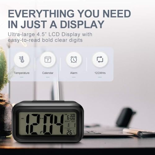 Kadio Digital Alarm Clock with Automatic Sensor, Date and Temperature Display, Compact Desk Table Clock for Students, Home, Office, Bedroom, Living Room,Home Decor, Corporate Use (Black Digital) - Image 2
