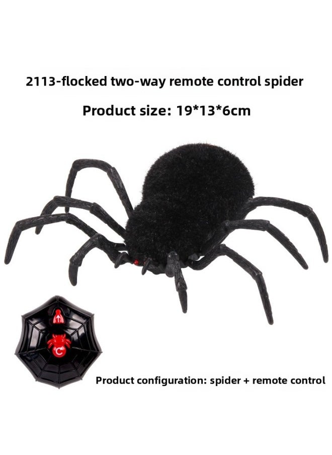 Simulation Remote Control Two-way Four-way Trick Spider Skeleton Tarantula Black Widow Mouse Rattlesnake Toy-Color:2113-Flocking Two-way Control Spider  - Image 1