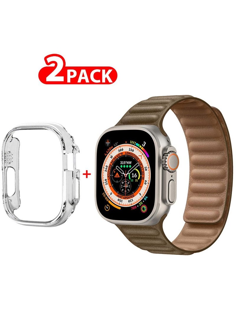 CATANES - 2 Packs For Apple Watch Band 49mm Leather Link Strap Magnetic Loop Bracelet and Clear Cup Holder Dark Brown - Image 1