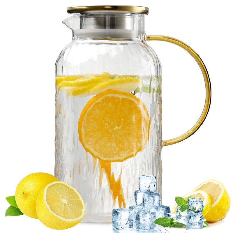 Wlasss 68 oz2 Liter Large Glass Pitchers with Lid Hand Blown Glass Water Pitchers with Handle and Lid for Juice Milk Cold or Hot Beverages Heat ResistantChristmas Gifts
