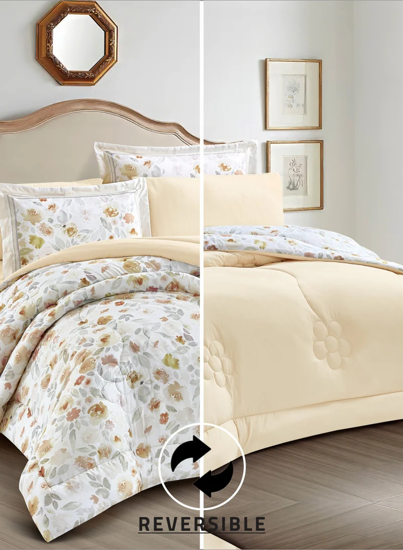 Donetella Comforter Set 6-Pcs King Size Printed Reversible Double Bed FIt 200 x 200 CM All Season Comforter With (350 GSM) Down Alternative Filling, Grey Goose