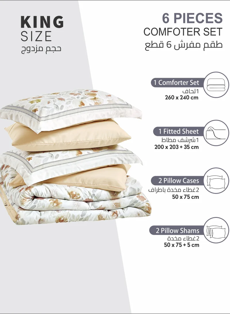 Donetella Comforter Set 6-Pcs King Size Printed Reversible Double Bed FIt 200 x 200 CM All Season Comforter With (350 GSM) Down Alternative Filling, Grey Goose