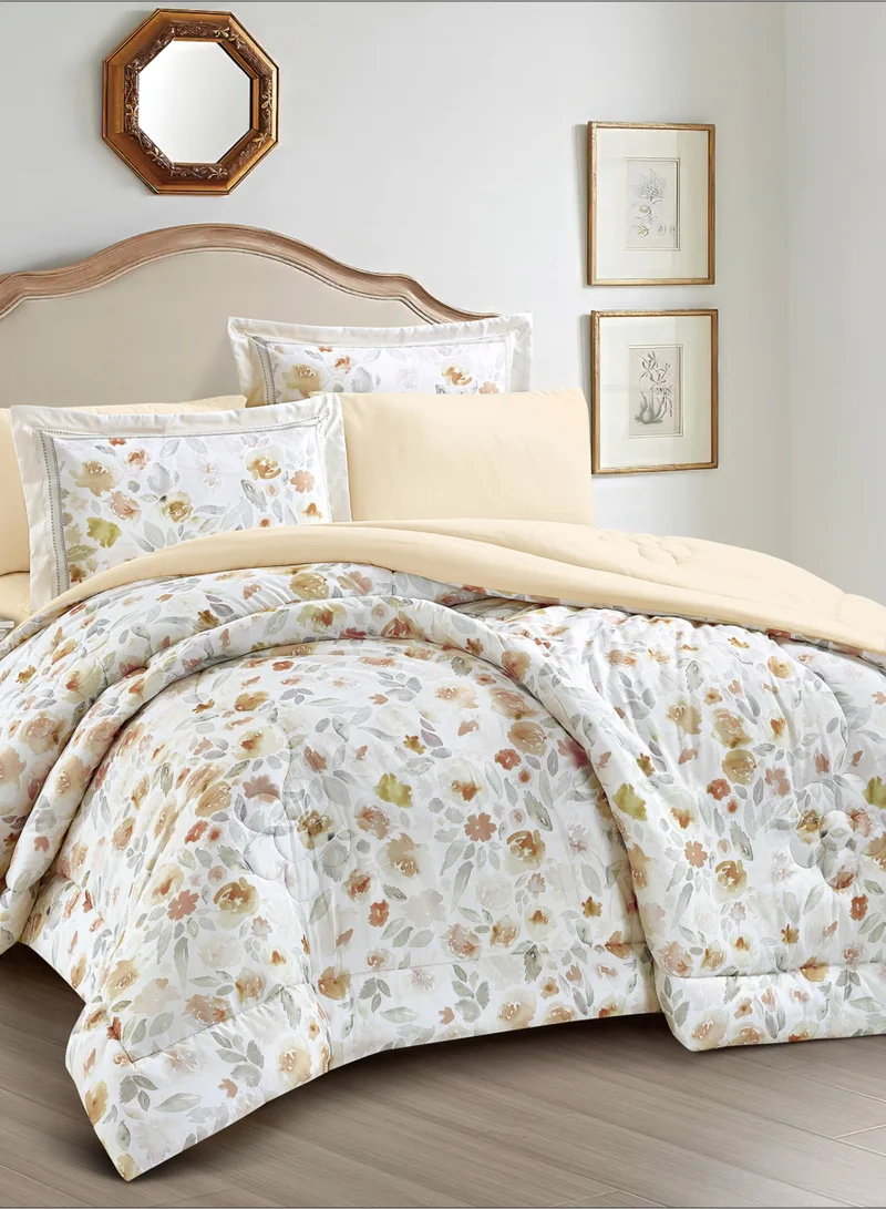 Donetella Comforter Set 6-Pcs King Size Printed Reversible Double Bed FIt 200 x 200 CM All Season Comforter With (350 GSM) Down Alternative Filling, Grey Goose