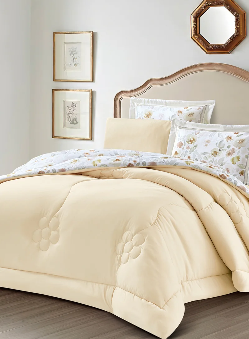 Donetella Comforter Set 6-Pcs King Size Printed Reversible Double Bed FIt 200 x 200 CM All Season Comforter With (350 GSM) Down Alternative Filling, Grey Goose