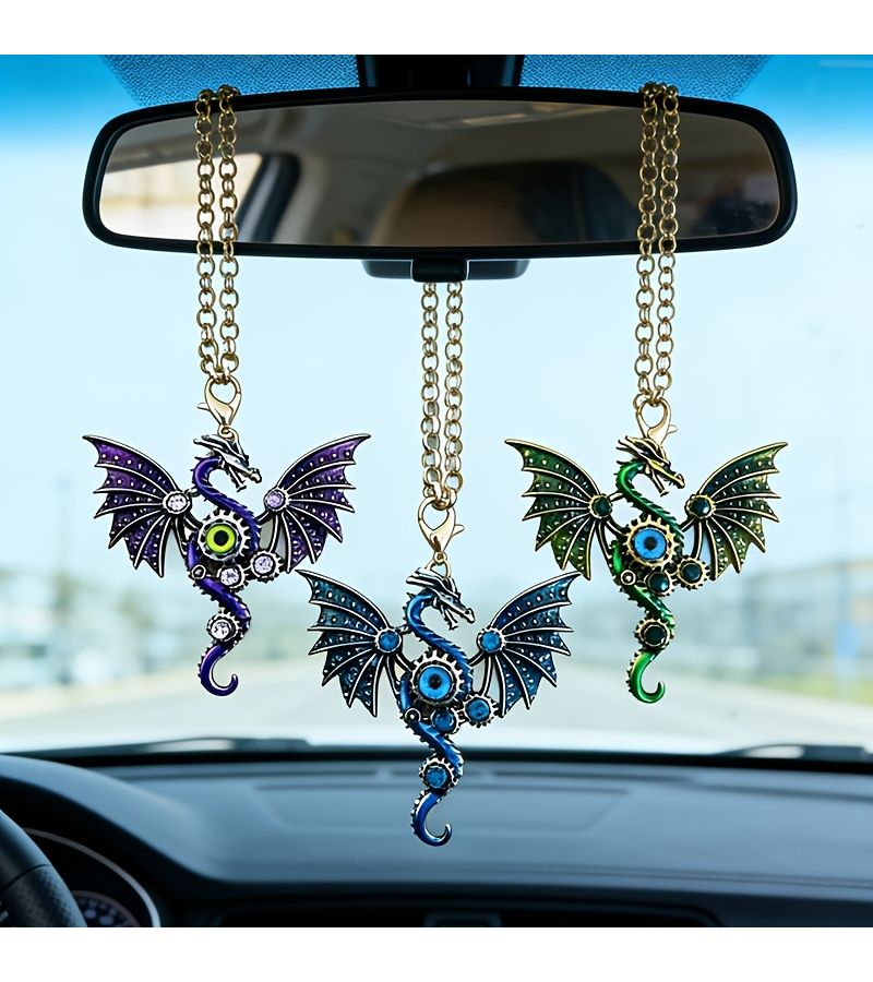 Blue Shiny Dragon Car Rearview Mirror Pendant Fun Interior Decorative Gift - Image 1