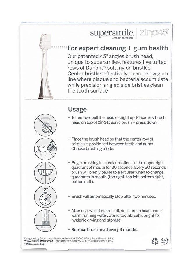 Supersmile Replacement Brush Heads for Zina45 Sonic Pulse Electric Toothbrush, Silver (Pack of 2) - Image 5