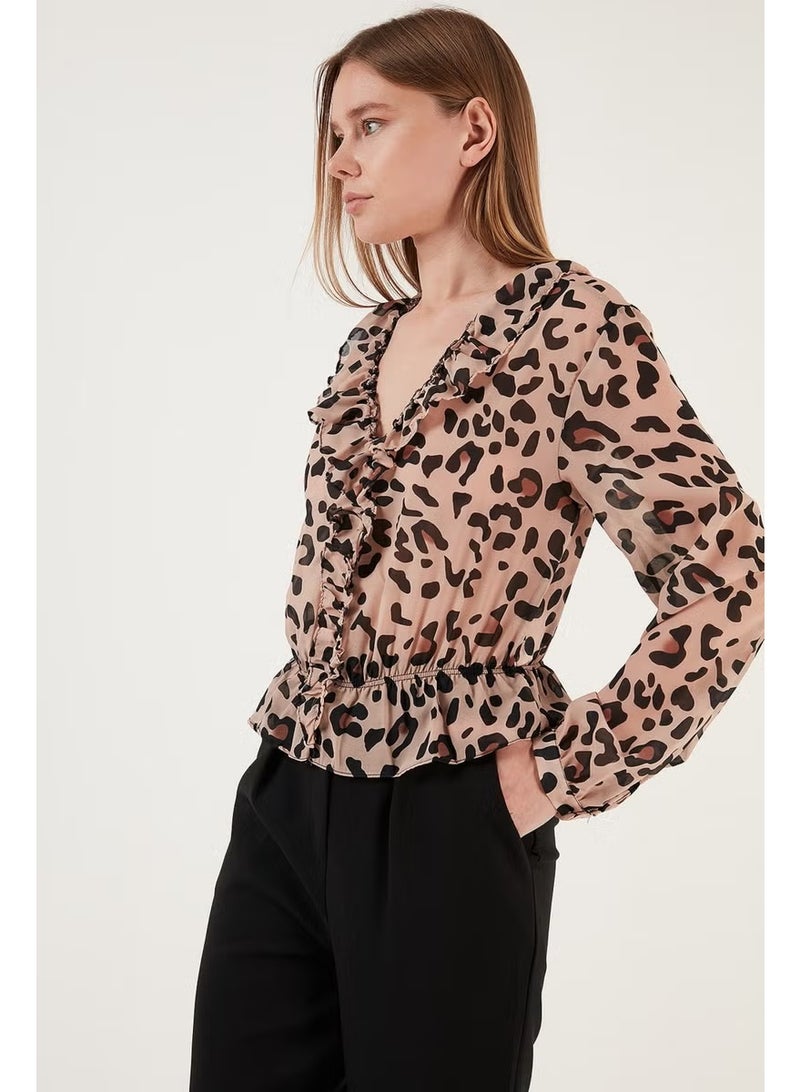 Lela Leopard Patterned Frilly V-Neck Tulle Blouse Women's Blouse 611KB2034 - Image 3
