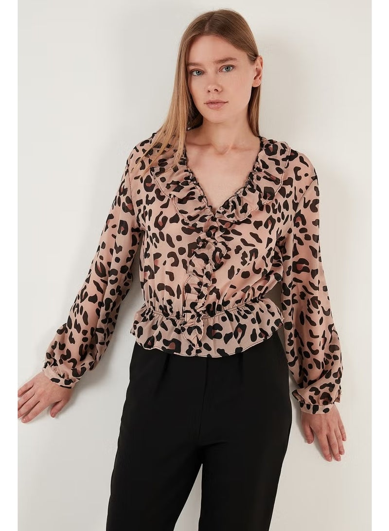 Lela Leopard Patterned Frilly V-Neck Tulle Blouse Women's Blouse 611KB2034 - Image 1