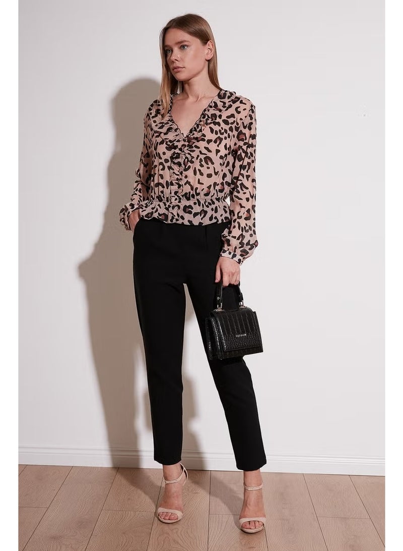 Lela Leopard Patterned Frilly V-Neck Tulle Blouse Women's Blouse 611KB2034 - Image 2