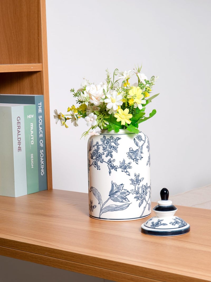 Magclay Blue and White Ginger Jar for Home Decor, Chinoiserie Vase Decor, Ceramic Decorative Jars with Lid, 10x5 Inch, Flowers and Branches - Image 3