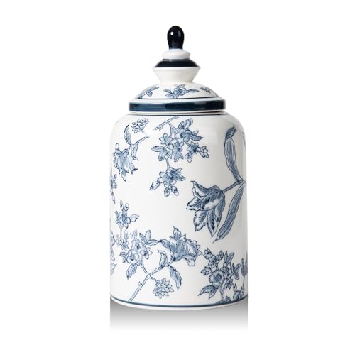Magclay Blue and White Ginger Jar for Home Decor, Chinoiserie Vase Decor, Ceramic Decorative Jars with Lid, 10x5 Inch, Flowers and Branches - Image 1