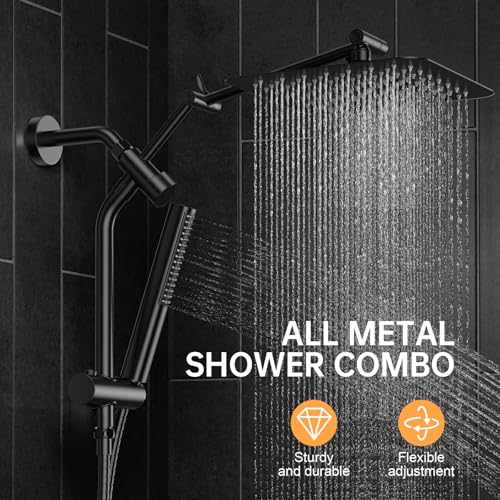 Veken 10" Luxurious All Metal Rain Shower Head with Handheld Spray Combo, High Pressure Rainfall Square Shower Heads with Extension Arm, Wide Dual Showerhead, Bathroom Accessories, Matte Black - Image 2