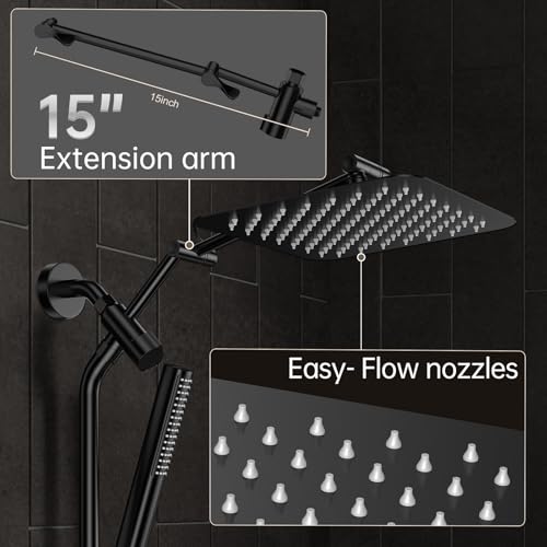 Veken 10" Luxurious All Metal Rain Shower Head with Handheld Spray Combo, High Pressure Rainfall Square Shower Heads with Extension Arm, Wide Dual Showerhead, Bathroom Accessories, Matte Black - Image 4